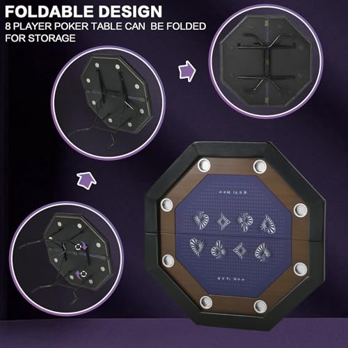 8 Players Poker Table Foldable,50inch Upgraded Folding Octagon Casion Table, Portable Texas Holedem Table w/Stainless Steel Cup Holders, Water-Resistant Cushioned Rail (Brown)