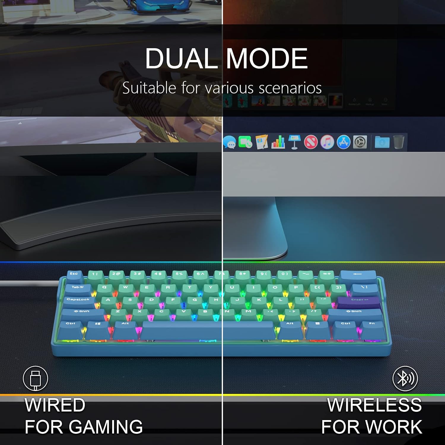 BOYI Wireless 60% Hot Swappable RGB Mechanical Keyboard,Bluetooth 5.0/Type-C Wired Dual Mode PBT Keycaps Ergonomic Gaming Keyboard for Win Mac Gamer PC Gamer (Cherry MX Brown Switch)