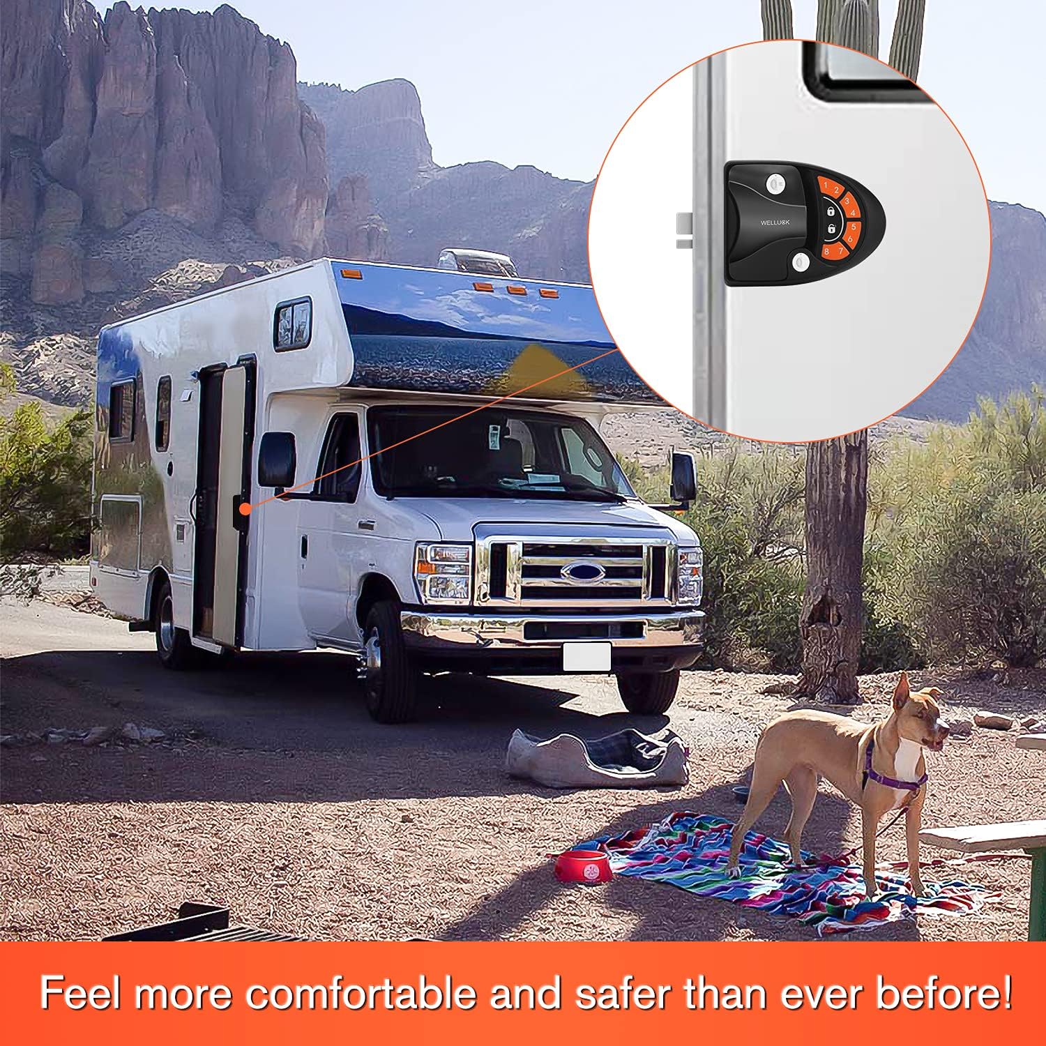 WELLUCK RV Lock Keyless Entry Door Handle Latch, Trailer Camper RV Door Lock Replacement w/ Knob Deadbolt, 2 Key Fobs and Backlit Keypad, Zinc Alloy Security RV/5th Accessories, Silent Mode Available