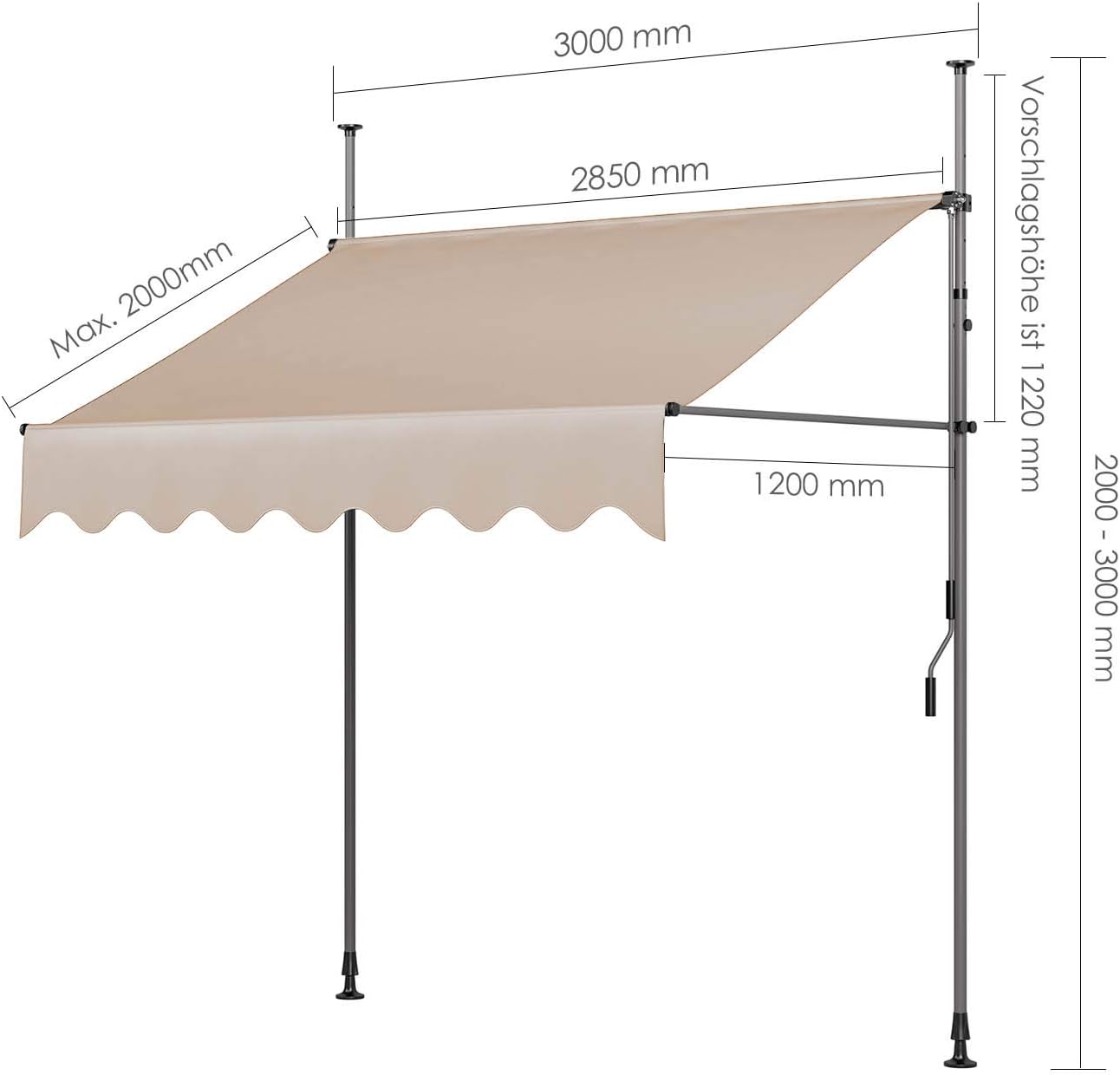 118"×47" Patio Awning, Retractable Awning, Balcony Awning, UV & Water Resistant, Height Adjustable, with Hand Crank, Khaki