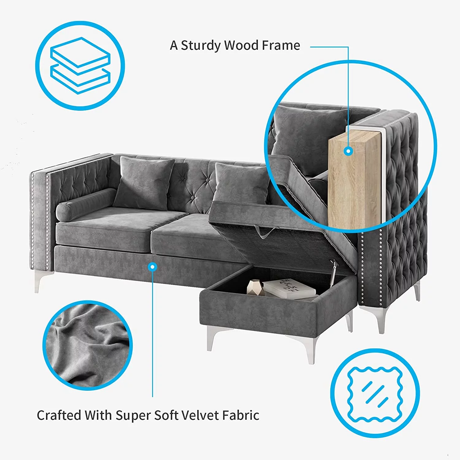 Mjkone Sectional Sofa with Chaise Lounge, Couches for Living Room, L-Shaped Couch with Storage Ottoman, Sectional Couch for Small Living Room, Apartment and Small Space, Velvet Grey