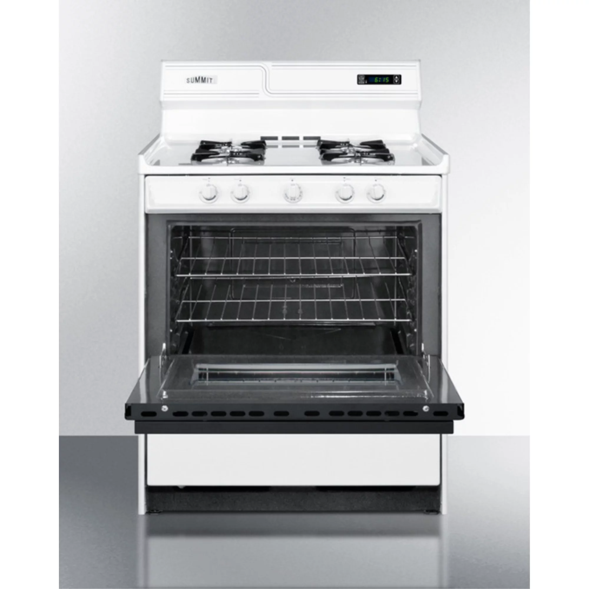 30" wide gas range in white with open burners, black door, oven window, high backguard, and spark ignition
