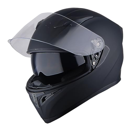 1Storm Motorcycle Full Face Dual Visor Helmet Bundle with Spoiler and Motorcycle Bluetooth Headset: HJK316 Matt Black