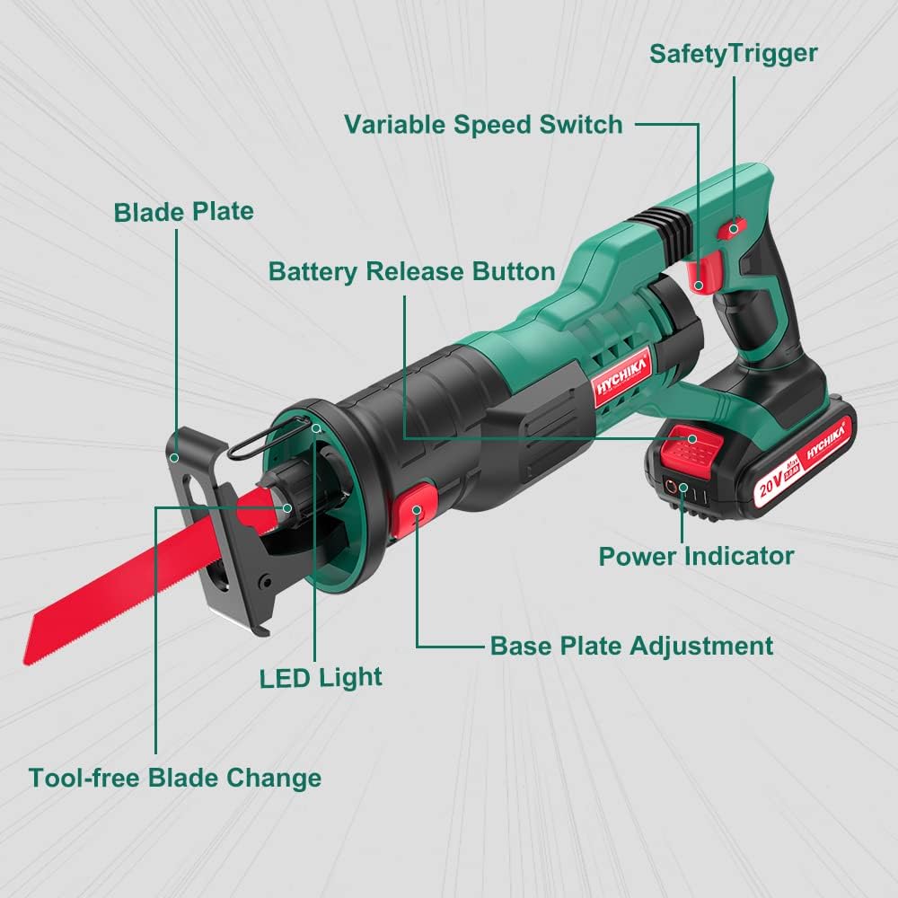 HYCHIKA Cordless Reciprocating Saw 20V 2Ah 2 Batteries 4 Saw Blades, 0-2800SPM Variable Speed, 7/8 Stroke Length Tool-Free Blade Change LED Light for Wood Metal Cutting Pruning