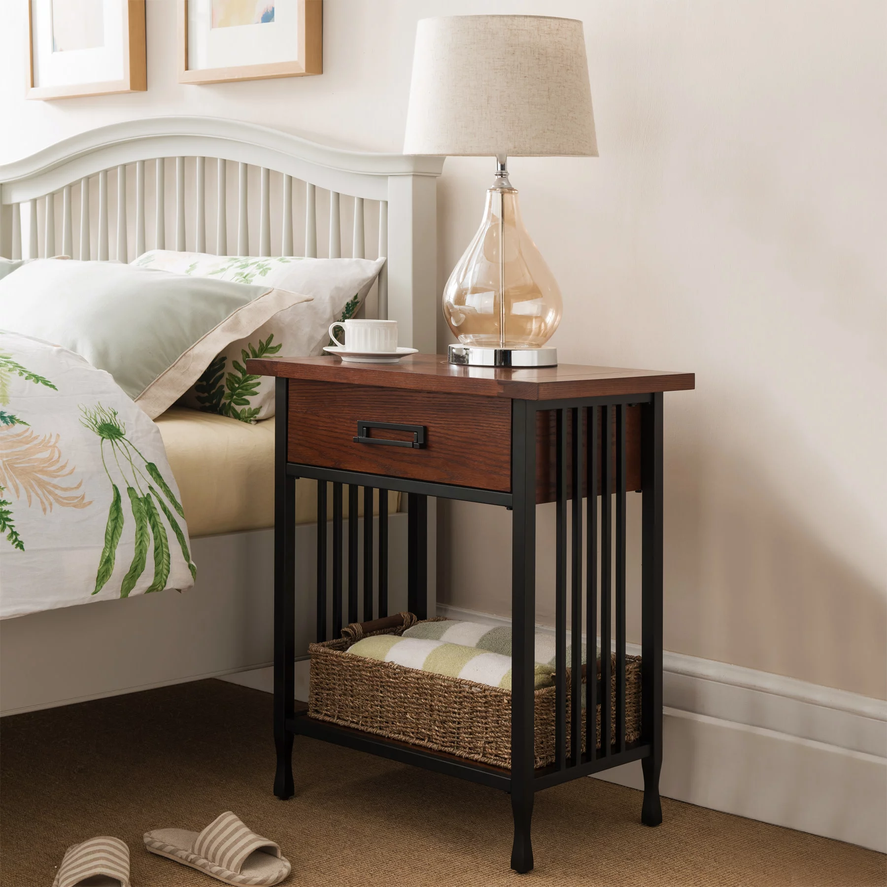 Leick Home 11222 Ironcraft Rustic One Drawer Nightstand, Mission Oak and Black Metal