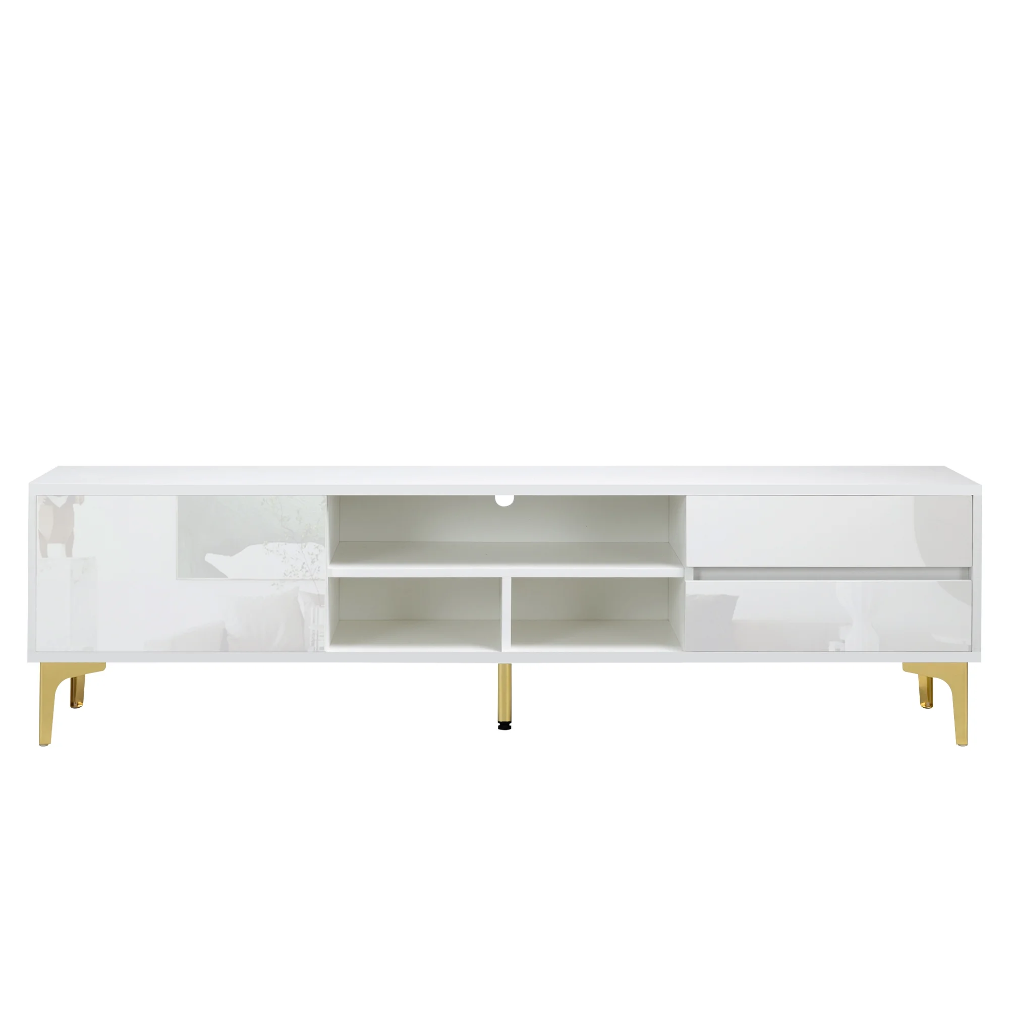 TV Stand,TV Cabinet,Entertainment Center,TV Console,Media Console,With LED Remote Control Lights,Uv Bloom Drawer Panel,Gold Metal Table Legs, Can Be Placed in The Living Room, Bedroom, White