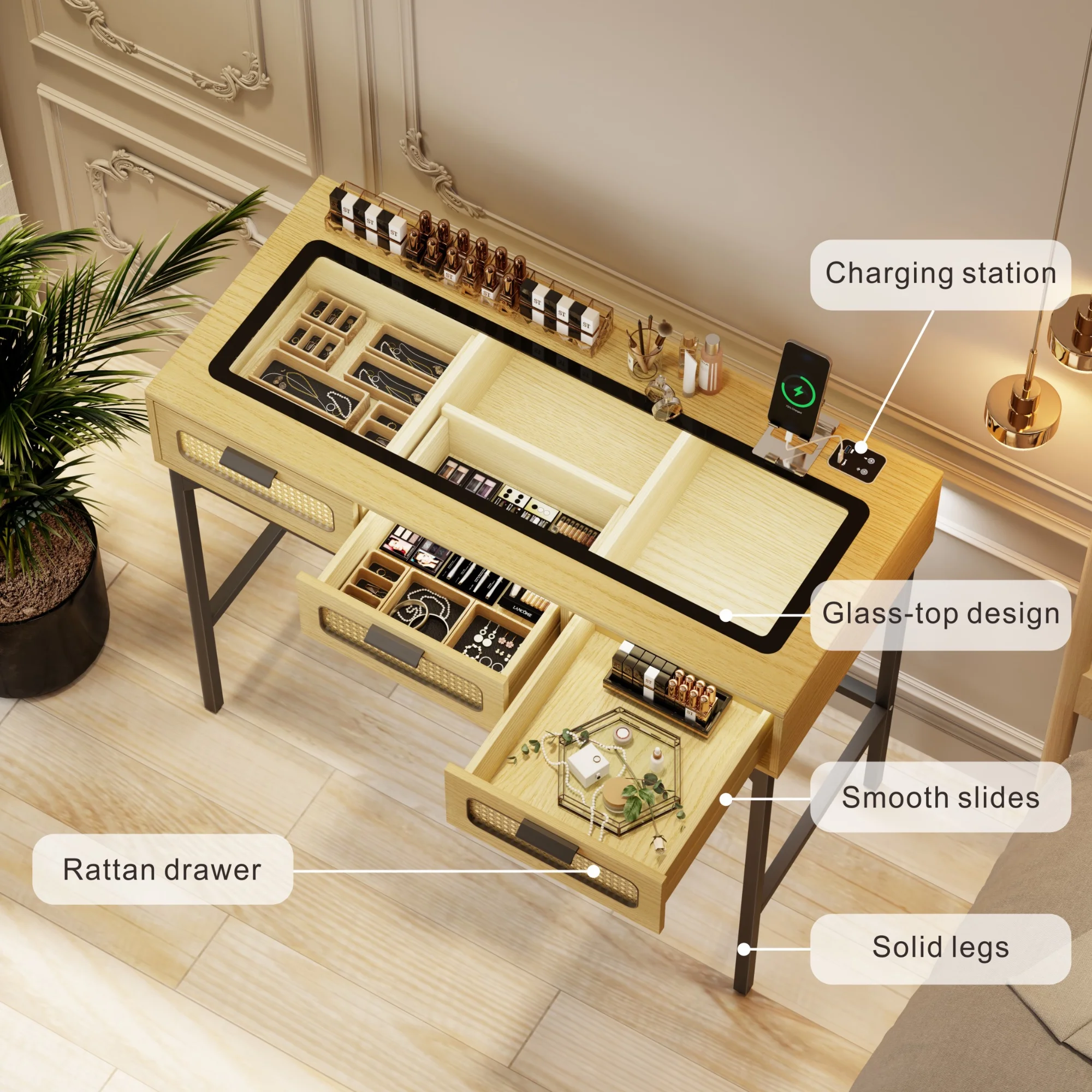 FREDEES Makeup Vanity Desk with 3 Color LED Lights & Glass Top Design & Charging Station, Wood