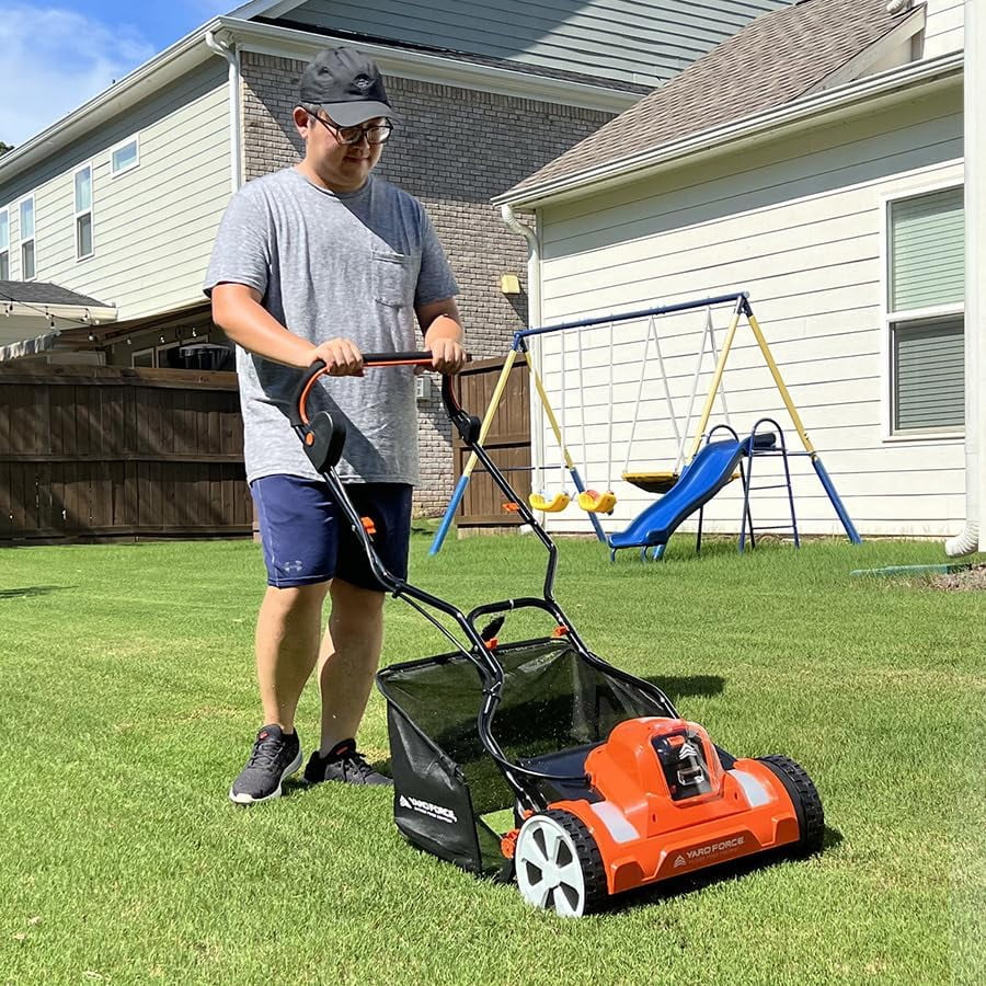 Yard Force Reel Mower Cordless Hybrid 15-inch 20V Lithium-Ion, Compact Storage, 12 Gallon Grass Collection Bag, Clean Cut for a Healthy Lawn (15 Inch Reel Mower)