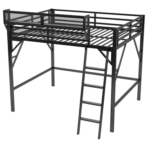 Full Size Loft Bed with Stairs and Storage, Metal Loft Bed Frame with Bedside Shelf and Large Under-Bed Space, Heavy-Duty Bed for Adults Teens and Kids, Black