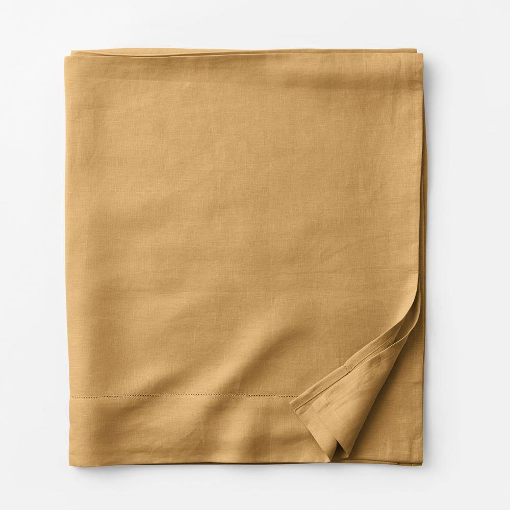 The Company Store Solid Washed Mustard Linen Full Flat Sheet, Yellow