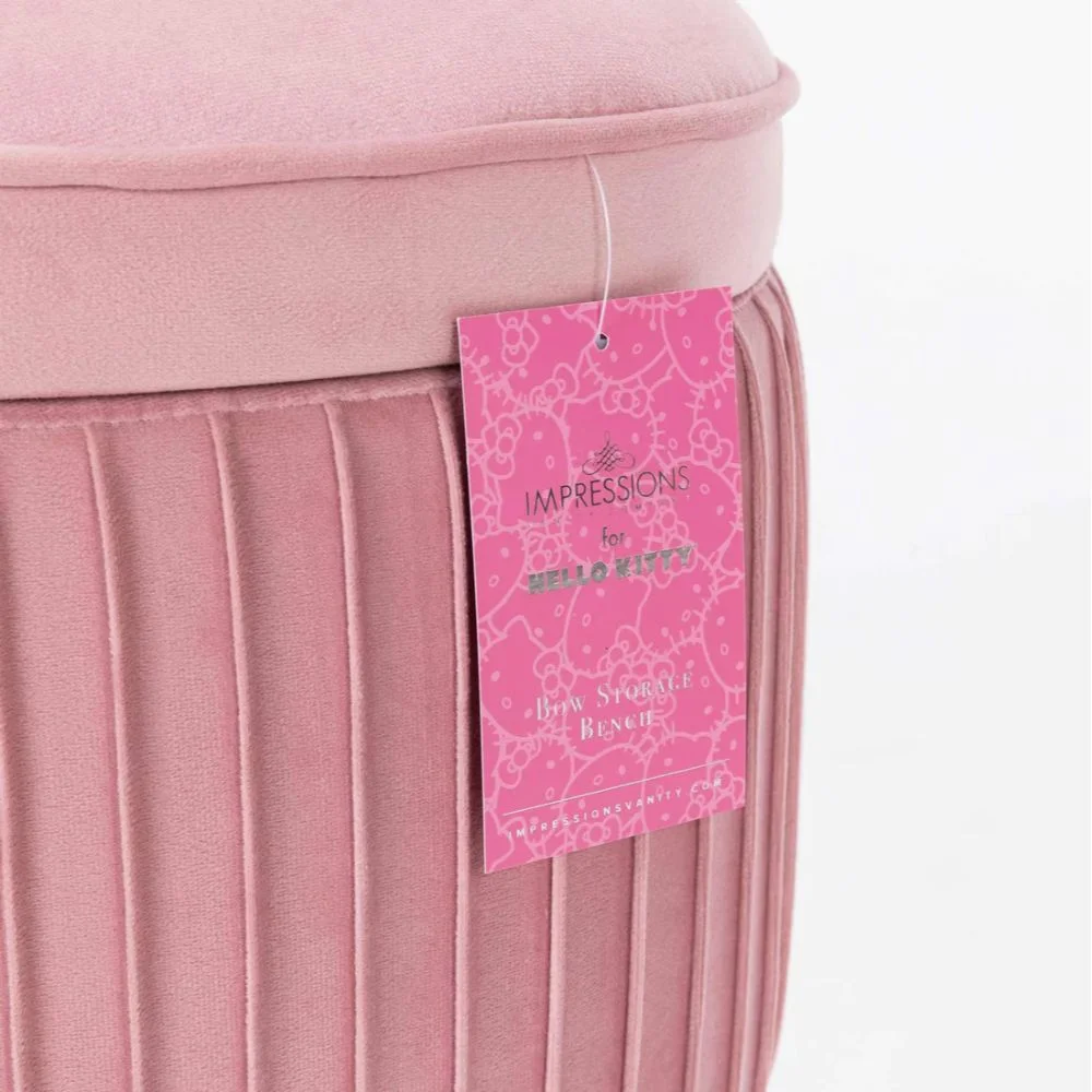 Impressions Vanity Hello Kitty Bow Velvet Ottoman Storage Bench with Gold Metal Legs (Pink)