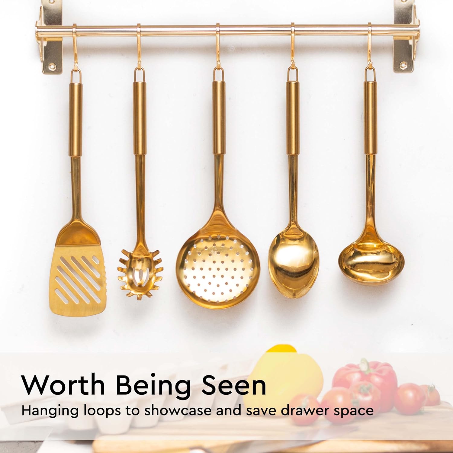 Black and Gold Knife Set with Block Self Sharpening, Black Utensil Holder with Built-In Ceramic Spoon Rest and Gold Cooking Utensils Set-21 Piece Luxe Black and Gold Kitchen Accessories