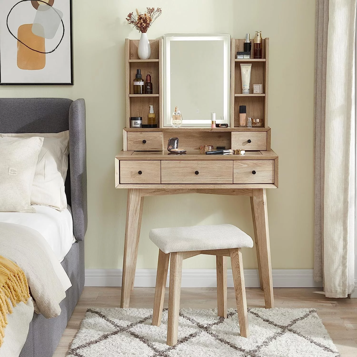 OKD Vanity Set with LED Lighted Mirror and Cushioned Stool, Large Vanity Table Dressing Table Desk with Storage Shelves and 5 Drawers for Bedroom, Natural Oak