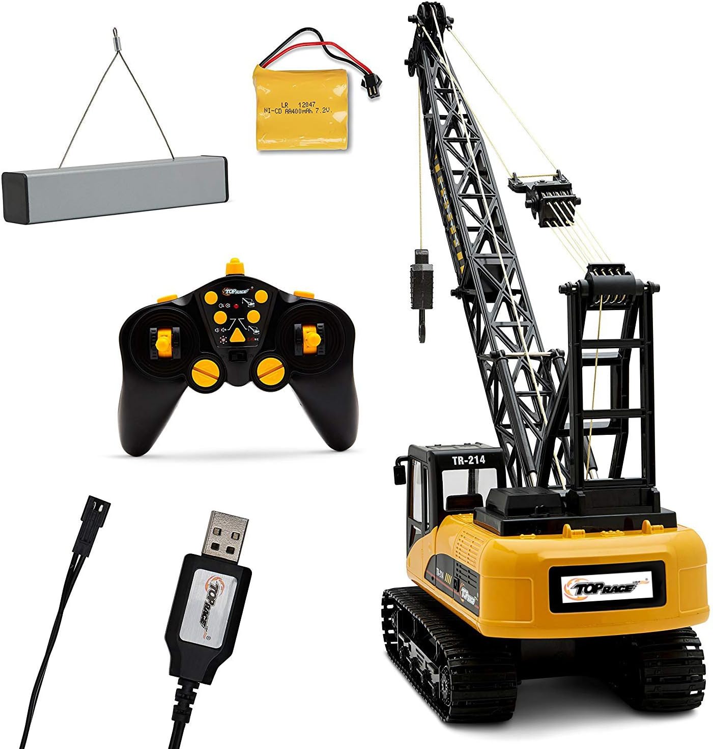 Top Race 15 Channel Remote Control Crane, Proffesional Series, 1:14 Scale - Battery Powered RC Construction Toy Crane with Heavy Metal Hook (TR-214)