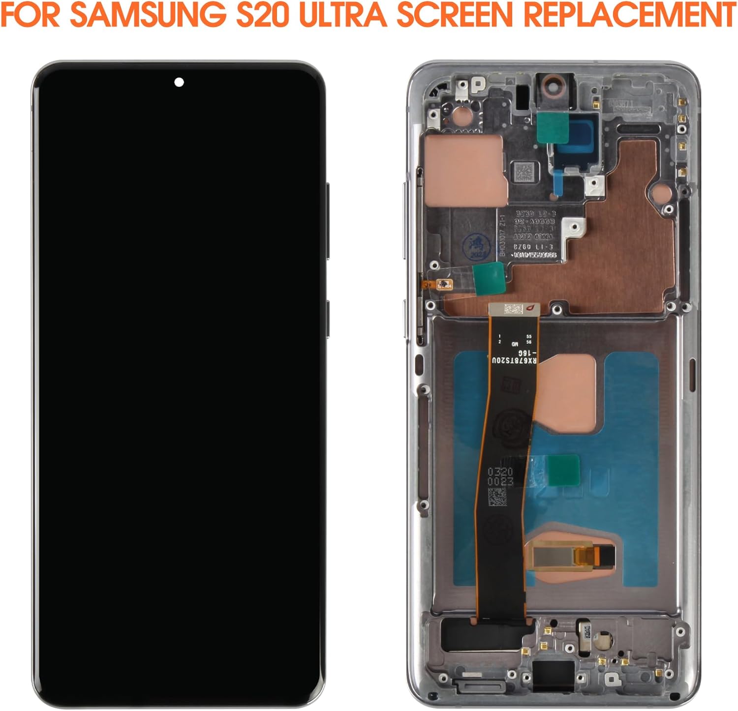 OLED for Samsung Galaxy S20 Ultra 5G Screen Replacement Display S20 Ultra 5G LCD for Samsung S20 Ultra Digitizer and Touch SM-G988U Screen SM-G988B Assembly Grey with Frame (Support Fingerprin)