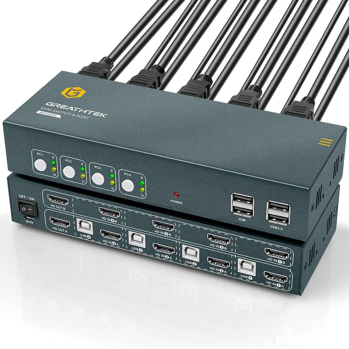KVM Switch HDMI 4 Port, UHD 4K@60Hz Resolution YUV4:4:4 Downward Compatible,4 USB2.0,Support Printers and Other USB Devices, One Key to Switch,with All Needed Cables(4X1 4k@60Hz) Pack of 2