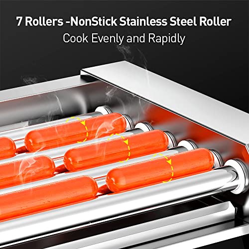 Leconchef Hot Dog Roller Machine Commercial Electric 7Roller Sausage Grill Hotdog Cooker Warmer Machine Stainless Steel with Dual Temp Control, Detachable Glass Cover and LED For Kitchen Canteen