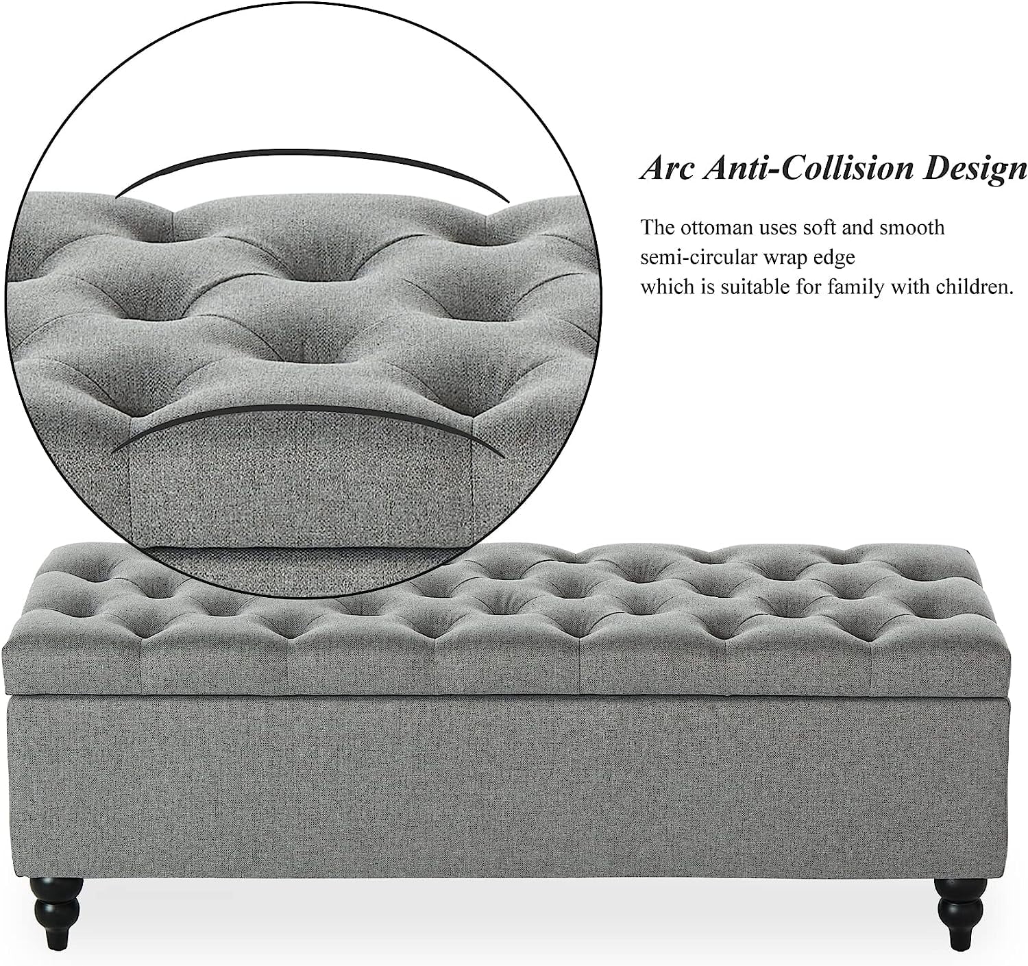 Storage Ottoman Bench, 50.2 Inches Upholstered Fabric Storage Ottoman Bench, Button Tufted Ottoman with Large Storage, End of Bed Bench, for Living Room, Entryway, Bedroom (Grey)