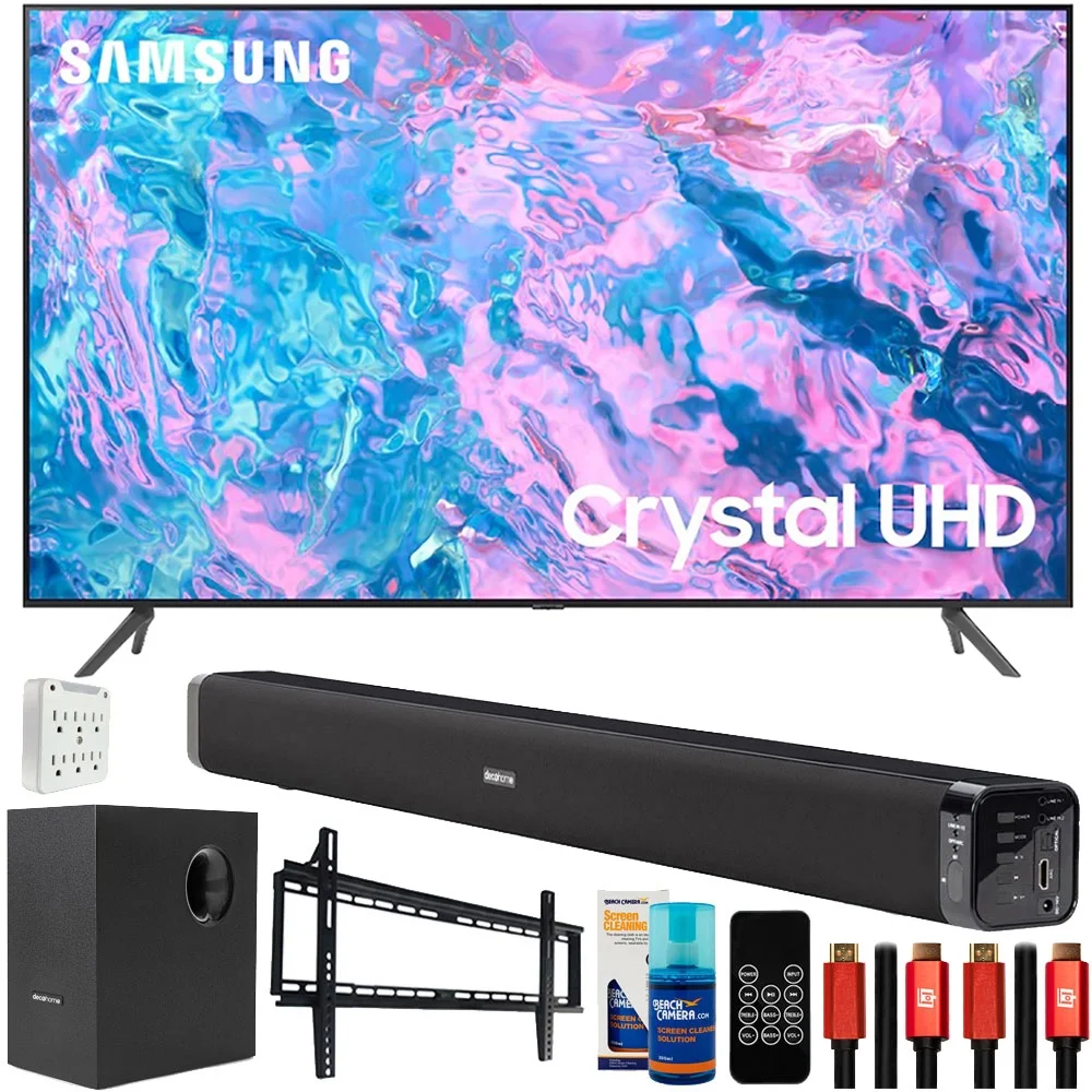 Samsung UN58CU7000 58 inch Crystal UHD 4K Smart TV Bundle with Deco Gear Home Theater Soundbar with Subwoofer, Wall Mount Accessory Kit, 6FT 4K HDMI 2.0 Cables and More (2023 Model)
