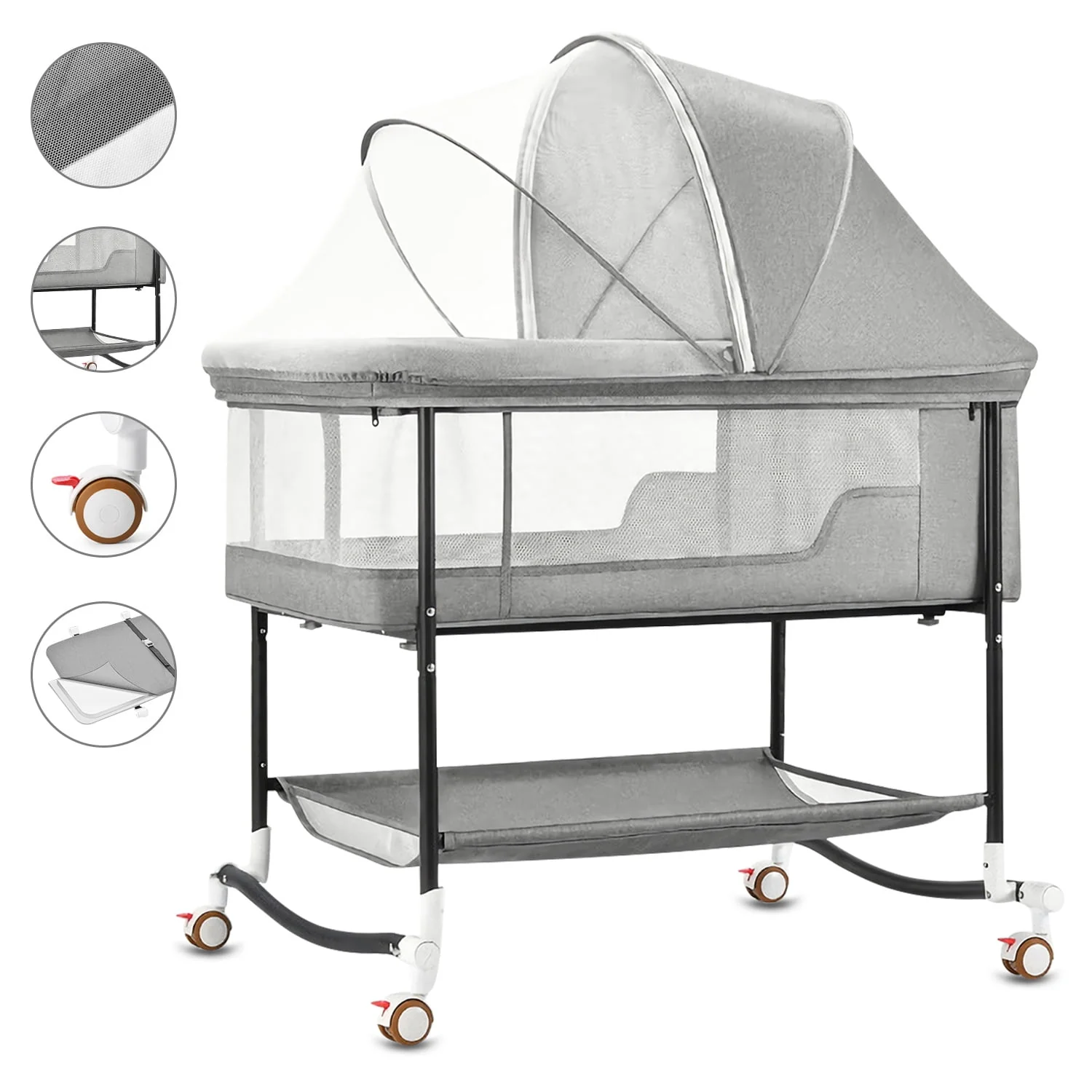 Yadala Bassinet, 4 in 1 Portable Rocking Bedside Bassinet for Baby Newborn with Mattress & Diaper Pad, Grey
