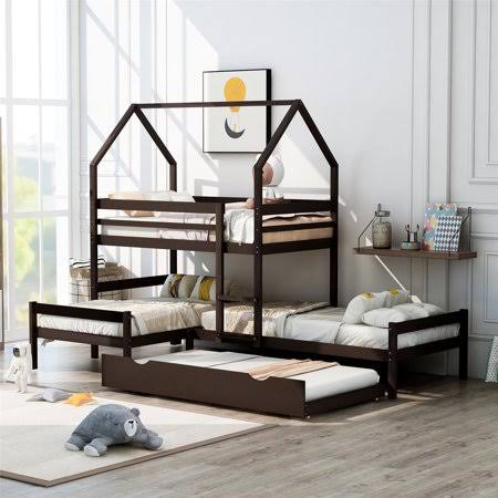 Triple Bed with Trundle, Twin Over Twin Triple Bunk Bed, L-Shaped Bunk Bed, Wooden House Bed with Trundle, Guardrail, Ladder, Ro