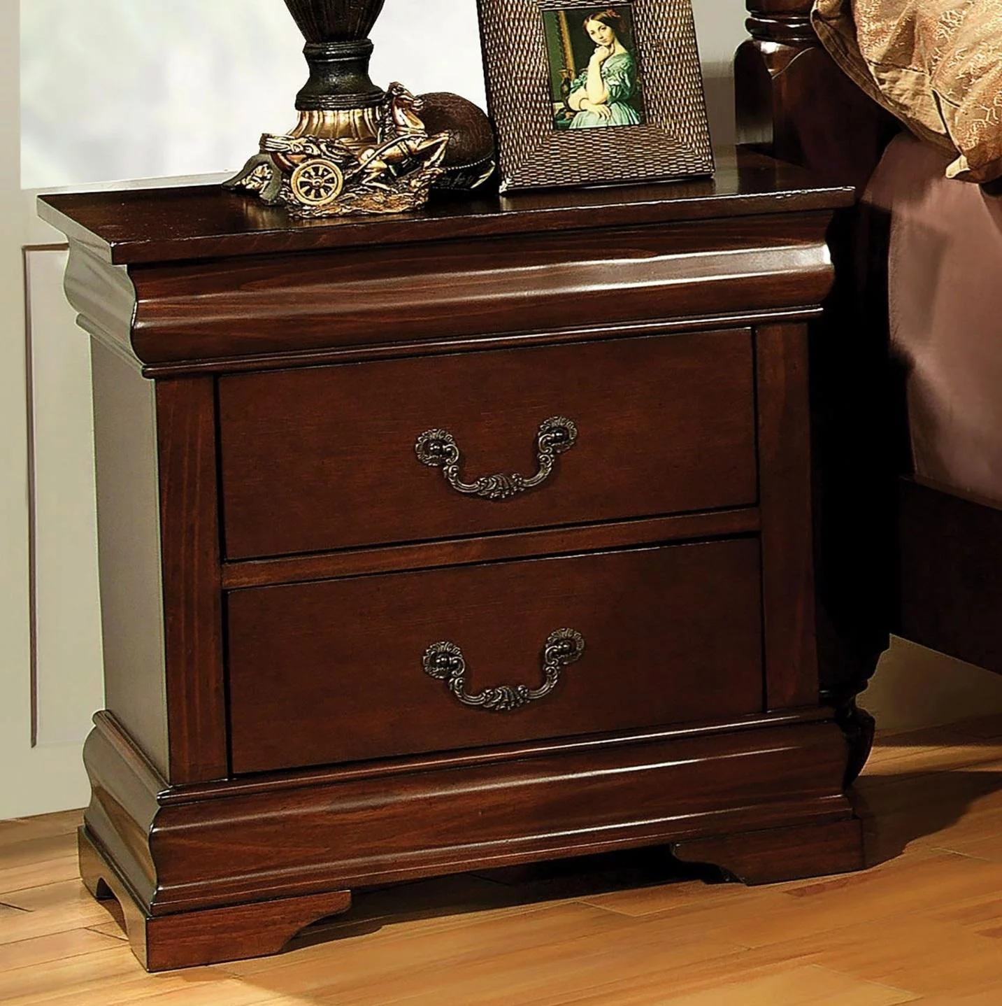 Traditional Brown Cherry Solid Wood Queen Bedroom Set 6pcs FOA CM7952-Q Velda