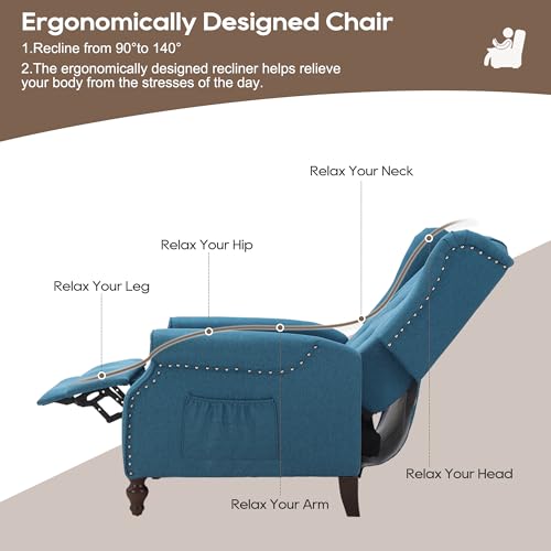 Wingback Recliner Chair with Massage and Heat, Tufted Fabric Pushback Recliner Chair, Wingback Chair with Remote Control, Padded Cushion, Wooden Legs, Small Recliners for Small Spaces