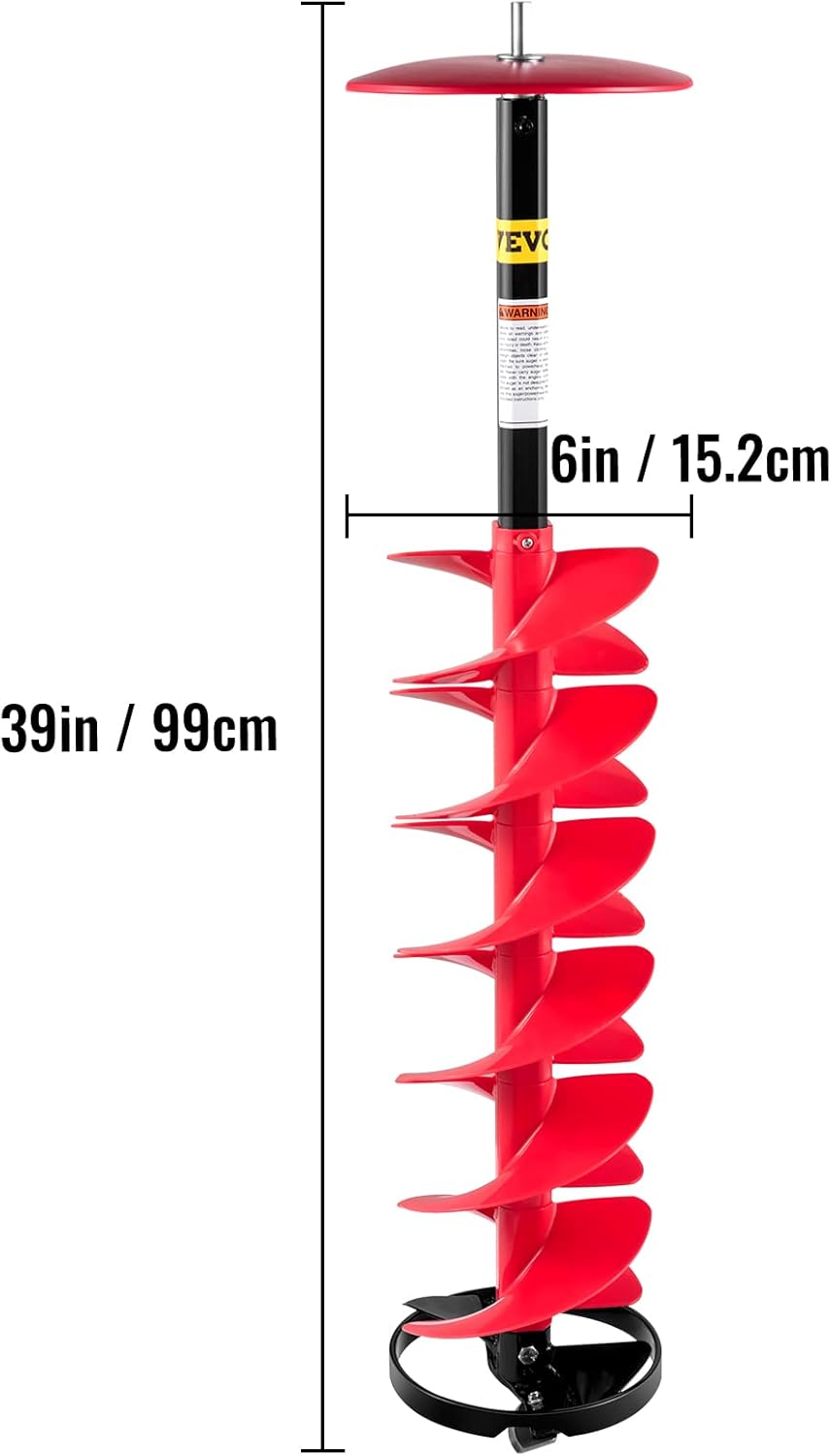 VEVOR Ice Drill Auger, 6" Diameter Nylon Ice Auger, 39" Length Ice Auger Bit,Auger Drill with 11.8" Extension Rod,Auger Bit w/ Drill Adapter,Top Plate & Blade Guard for Ice Fishing Ice Burrowing Red