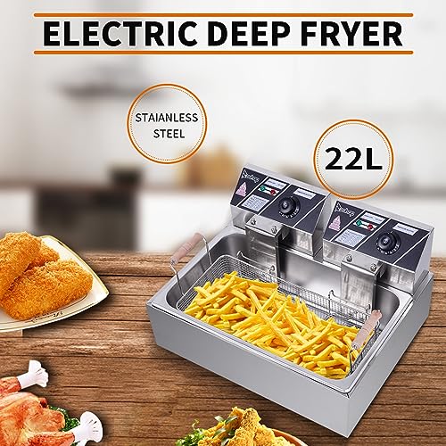 Dual Tank Electric Deep Fryer Stainless Steel Construction Accurate Thermostats Ideal for French Fries, Fried Chicken, and More 110V Voltage 4 Feet Stability Safe Operation 12L Capacity 5000W Power