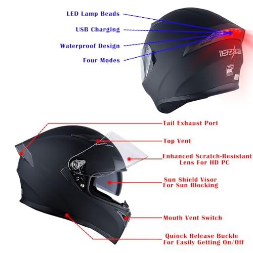 1Storm Motorcycle Full Face Dual Visor Helmet Bundle with Spoiler and Motorcycle Bluetooth Headset: HJK316 Matt Black