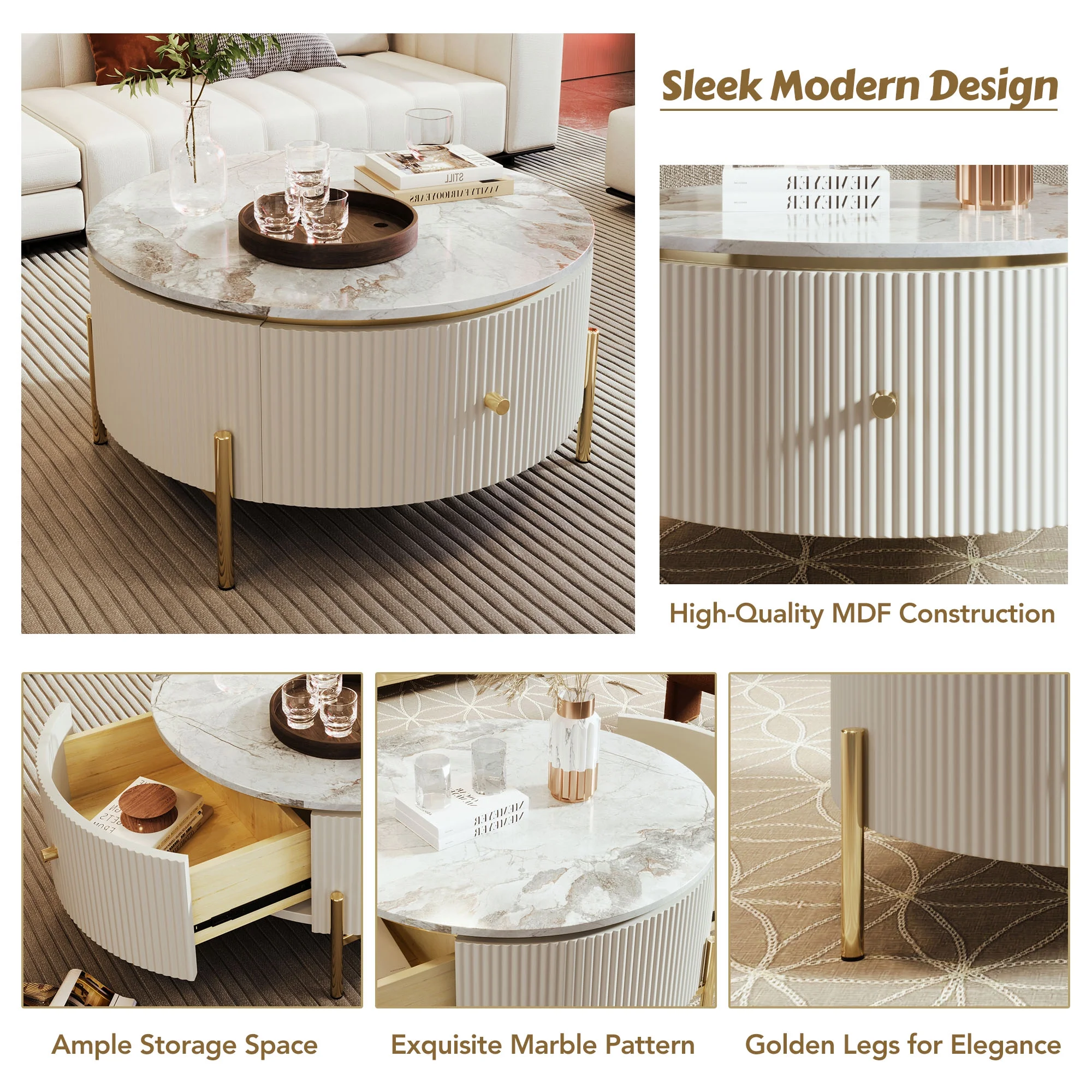 CoSoTower Modern Round Coffee Table with 2 Large Drawers Storage Accent Table(31.5'')