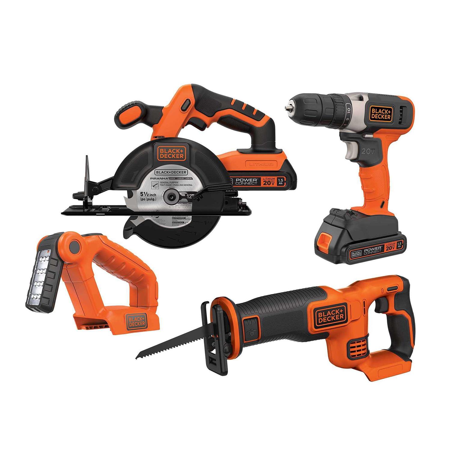 Black &amp; Decker 20 Volt 4-Tool Kit with Drill, Circular Saw, Reciprocating Saw, and Work Light BD4KITCD7CSRSL - Shop Hardware Tools Online Store