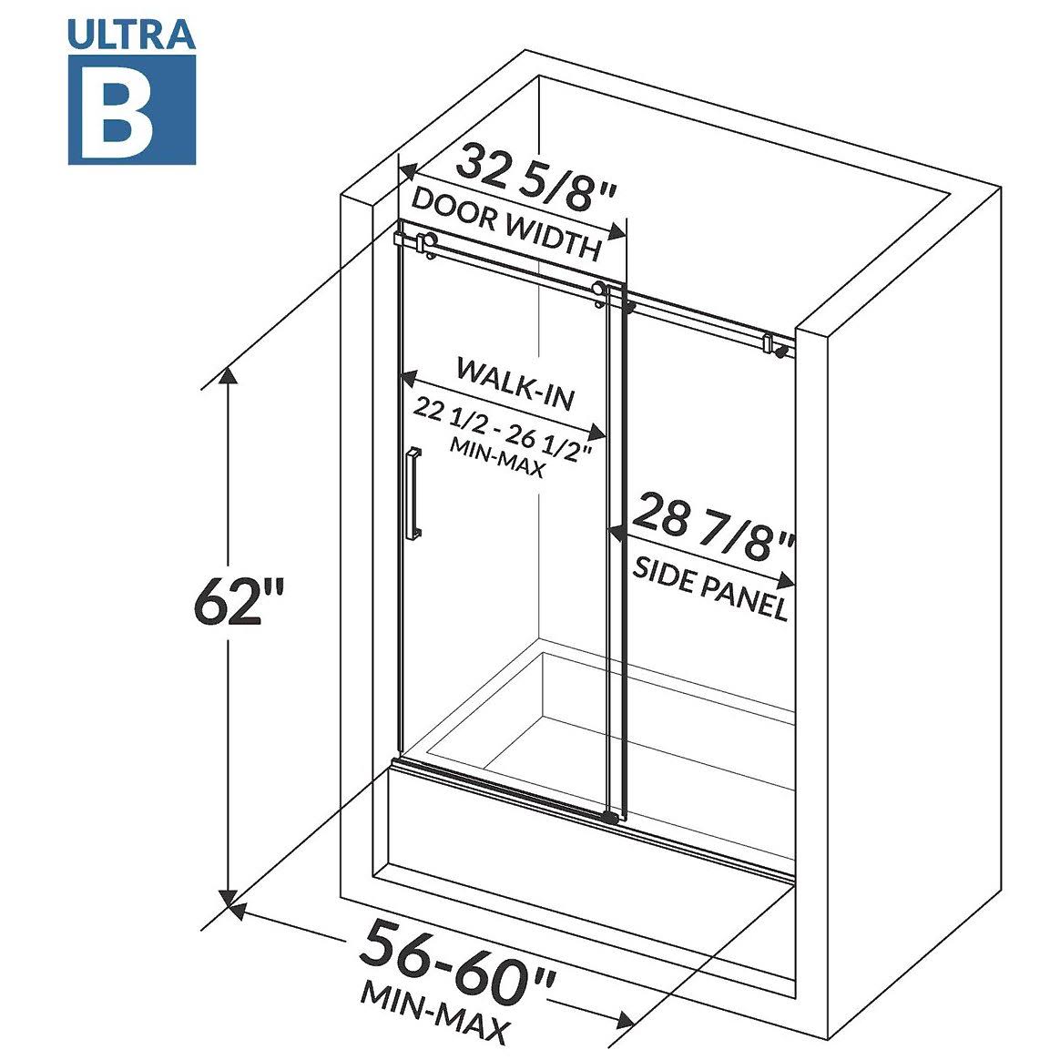 LessCare Ultra-B 58-62W x 60H Bathtub Doors, Semi-frameless, Chrome Finish (Brushed Nickel Finish)