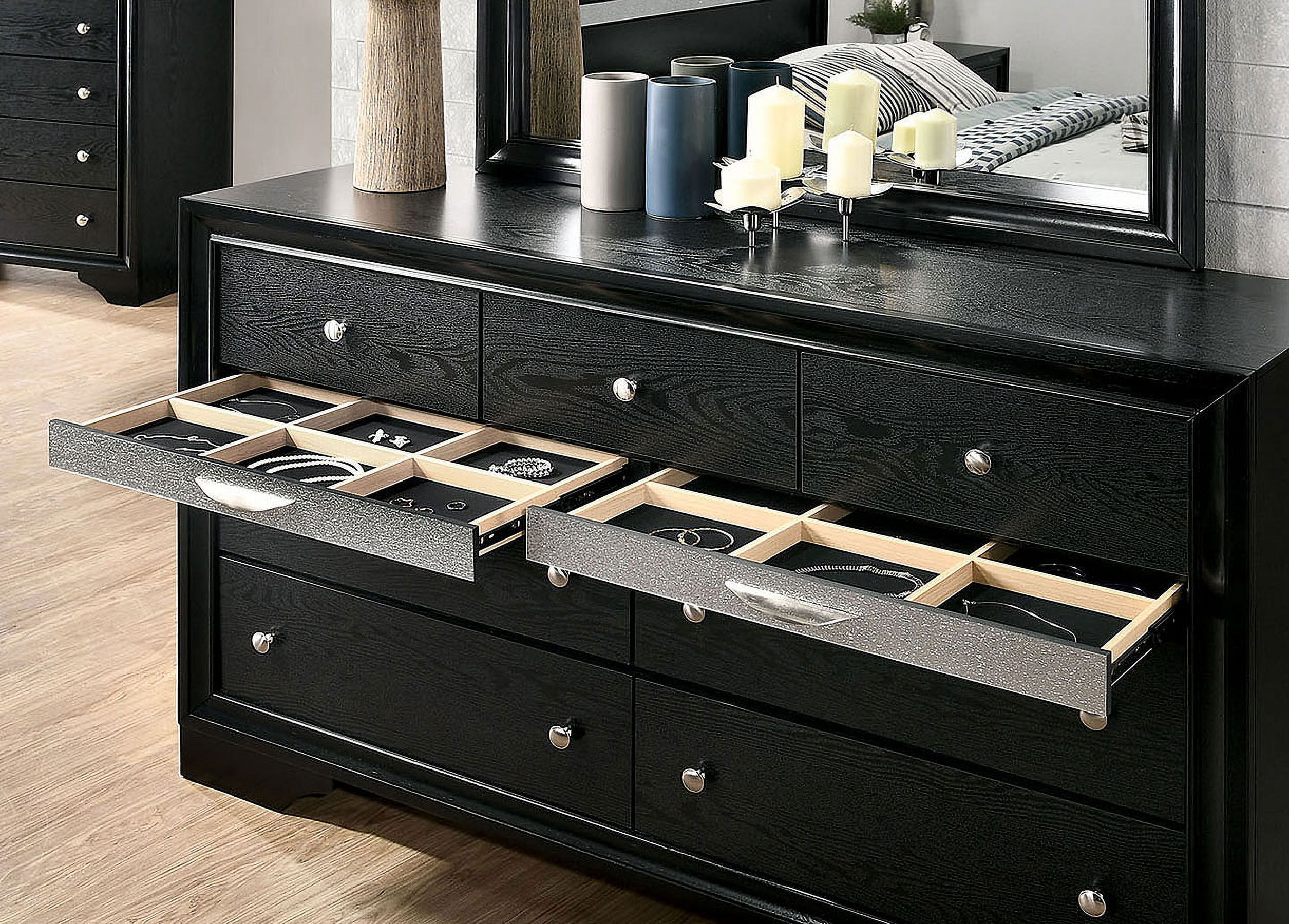 Black Classic Queen Size Bed Panel HB Dresser Nightstand w Jewelry Tray Mirror 4pc Set Solid Wood Bedroom Furniture