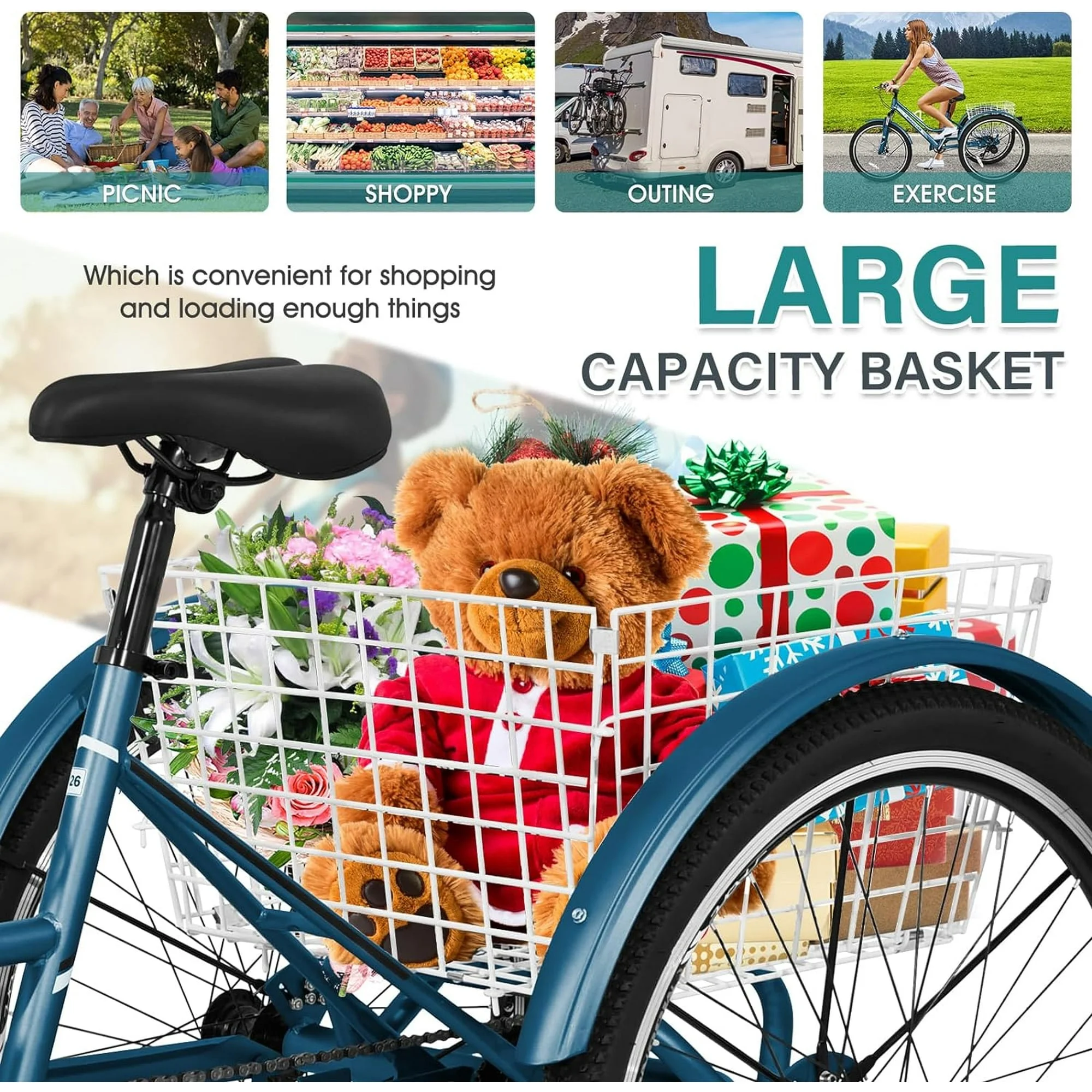 Lilypelle Adult Mountain Tricycle 24/26/27.5 Inch Low step through Mountain Bike Cruiser Trikes for Adults 7 Speed Three Wheel Trike Bike Bicycle with Large Basket