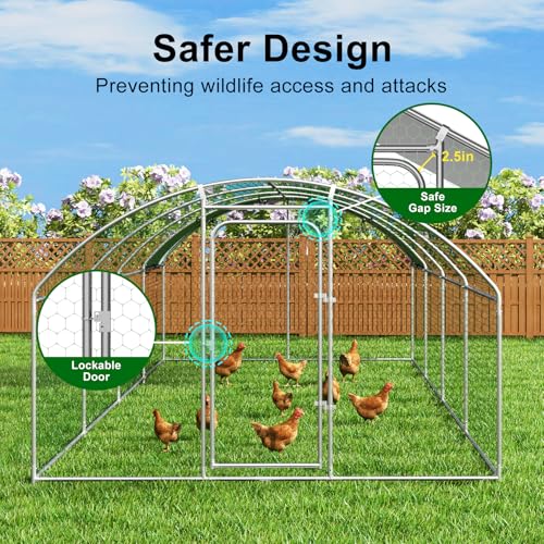 Large Metal Chicken Coop Walk-in Poultry Cage Chicken Run Pen Dog Kennel with Waterproof and Anti-Ultraviolet Cover for Outdoor Farm Use(9.8' L x 19.7' W x 6.4' H)