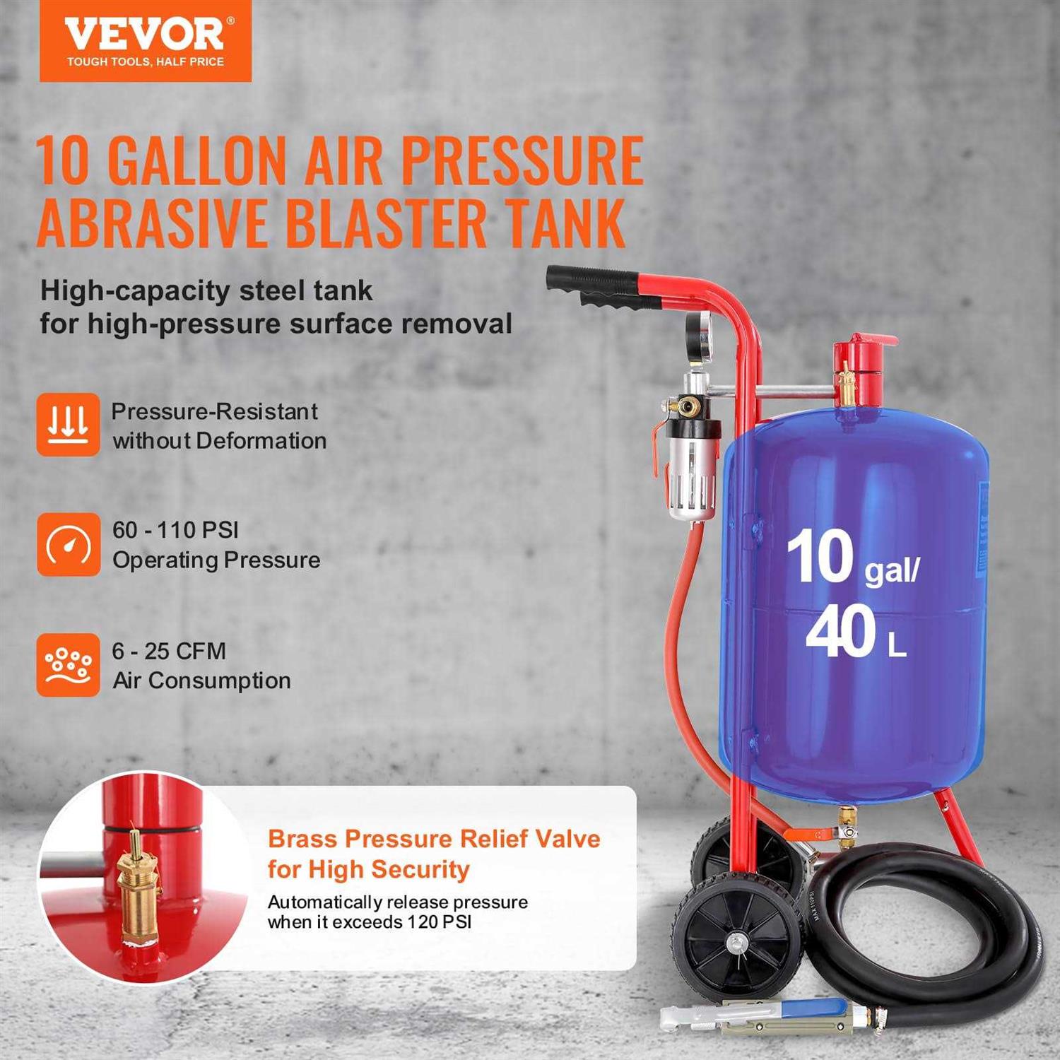 Sand Blaster VEVOR 10Gal Portable Sandblaster, 125 Psi Pressure Sand Blasting Complete Kit for Paint, Stain, Rust Removal and Special Surface - Shop Hardware Tools Online Store