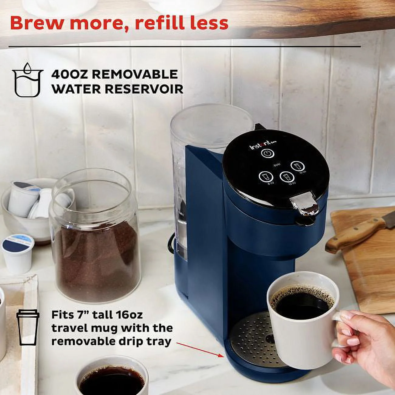 Instant Solo 2-in-1 Single Serve Coffee Maker for Ground Coffee or K-Cup Pods with 3 Brew Sizes, Maroon Red