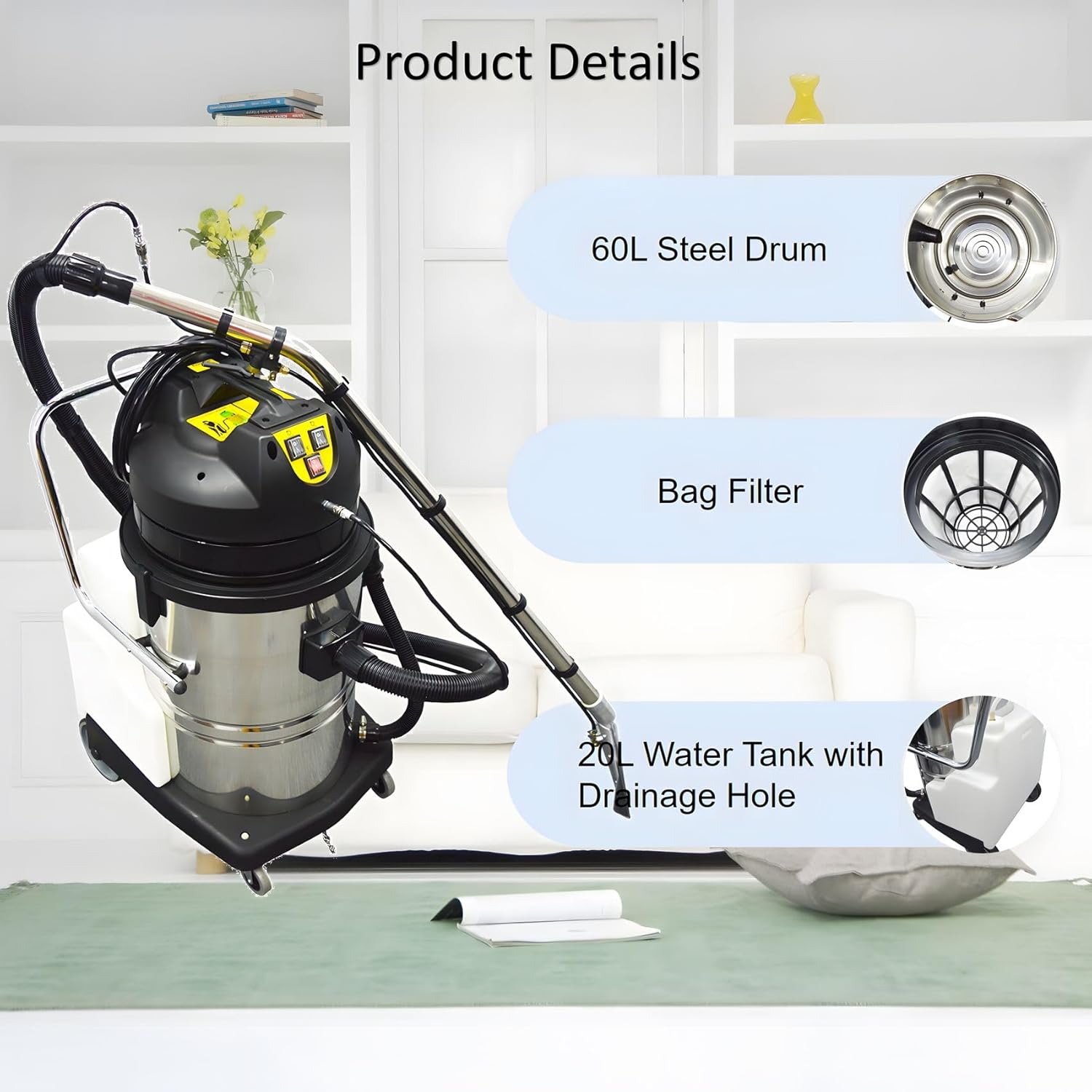 110V 2000W Carpet Extractor Machine 60L Hotel Carpet Cleaning Machine 3 in 1 Stainless Steel Carpet Cleaner for Corridor, Conference Hall and Restaurant(Two Packages)