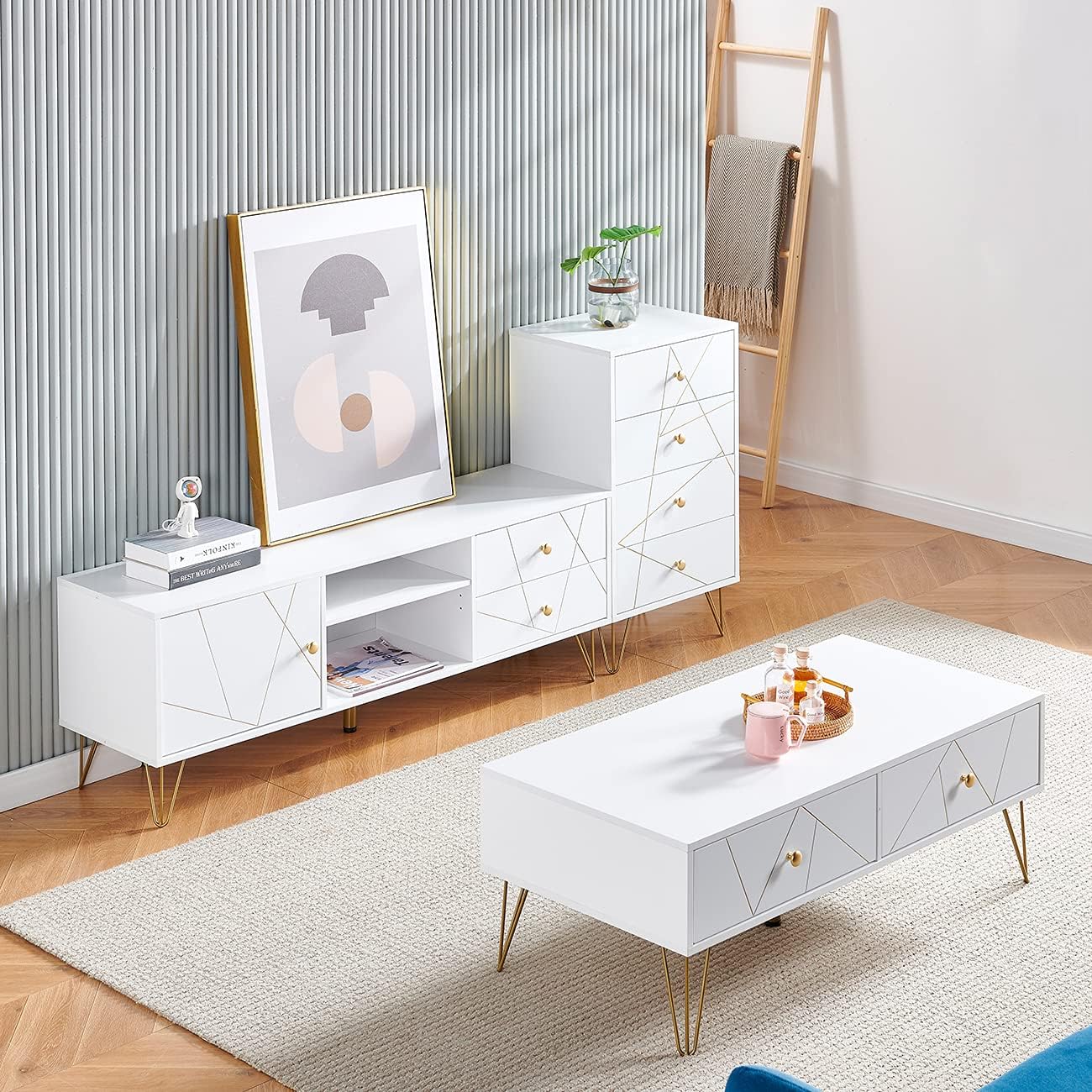 White Wood Chest of Drawer, 4 Drawer Storage Cabinet with Unique Golden Groove Front, Floor Cupboard Sideboard Organizer for Living Room Bedroom Home Furniture, Tall Dresser Chest Tower