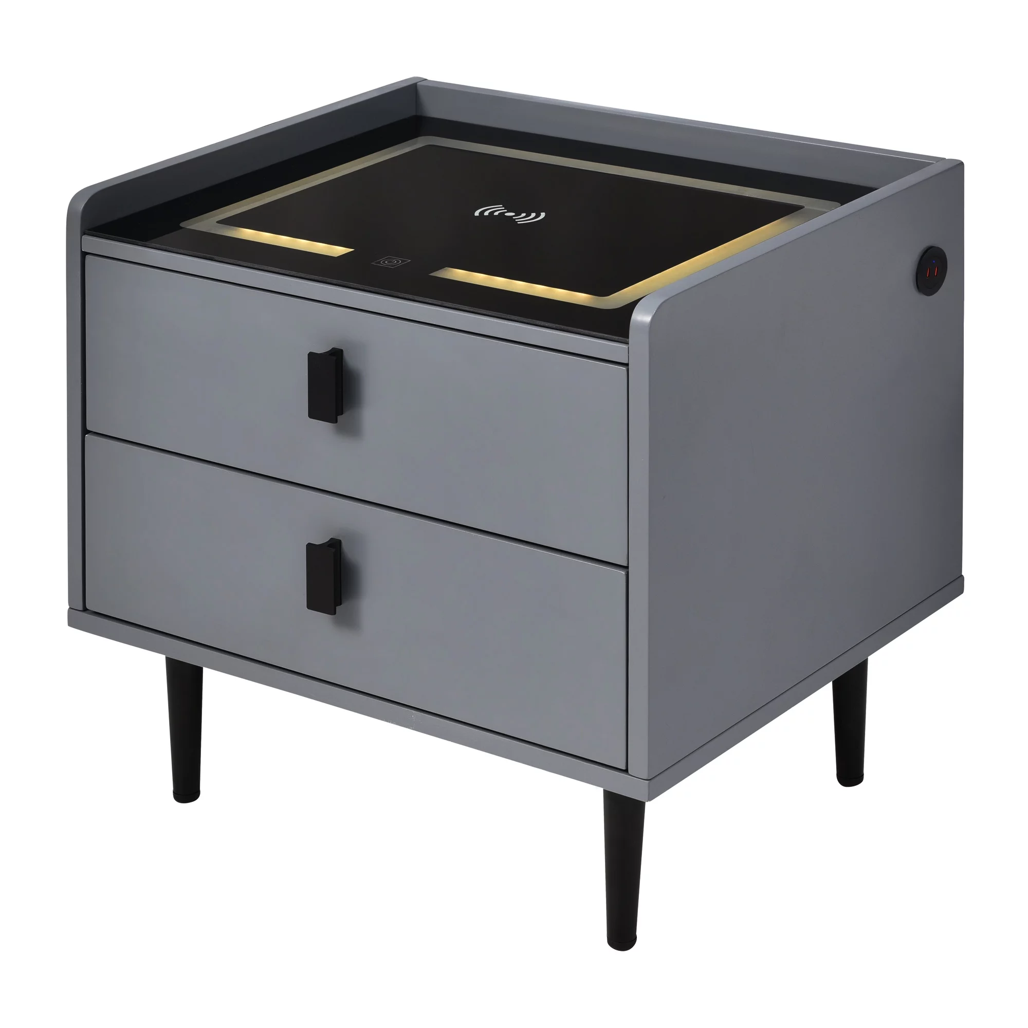 iRerts Side Table with Wireless Charging Station, Wood Nightstand with Drawer, USB Charging Ports and Adjustable LED Lights, Modern Storage Bedside Table End Table for Bedroom Living Room, Gray