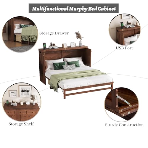 Queen Murphy Bed Cabinet, Murphy Bed Queen with Storage Drawer & Charging Station, USB Port, Solid Pine Wall Beds for Home Office, Studio or Guest Room, White