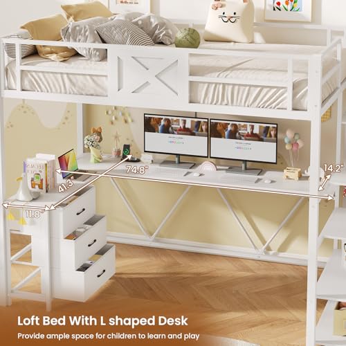 Itaar Stairway Twin Size Loft Bed with L Shaped Desk and Wardrobe, Metal Loft Bed Frame with Storage Stairs,3 Fabric Drawers, LED Lights & Charging Sation,No Noise & No Box Spring Needed, White