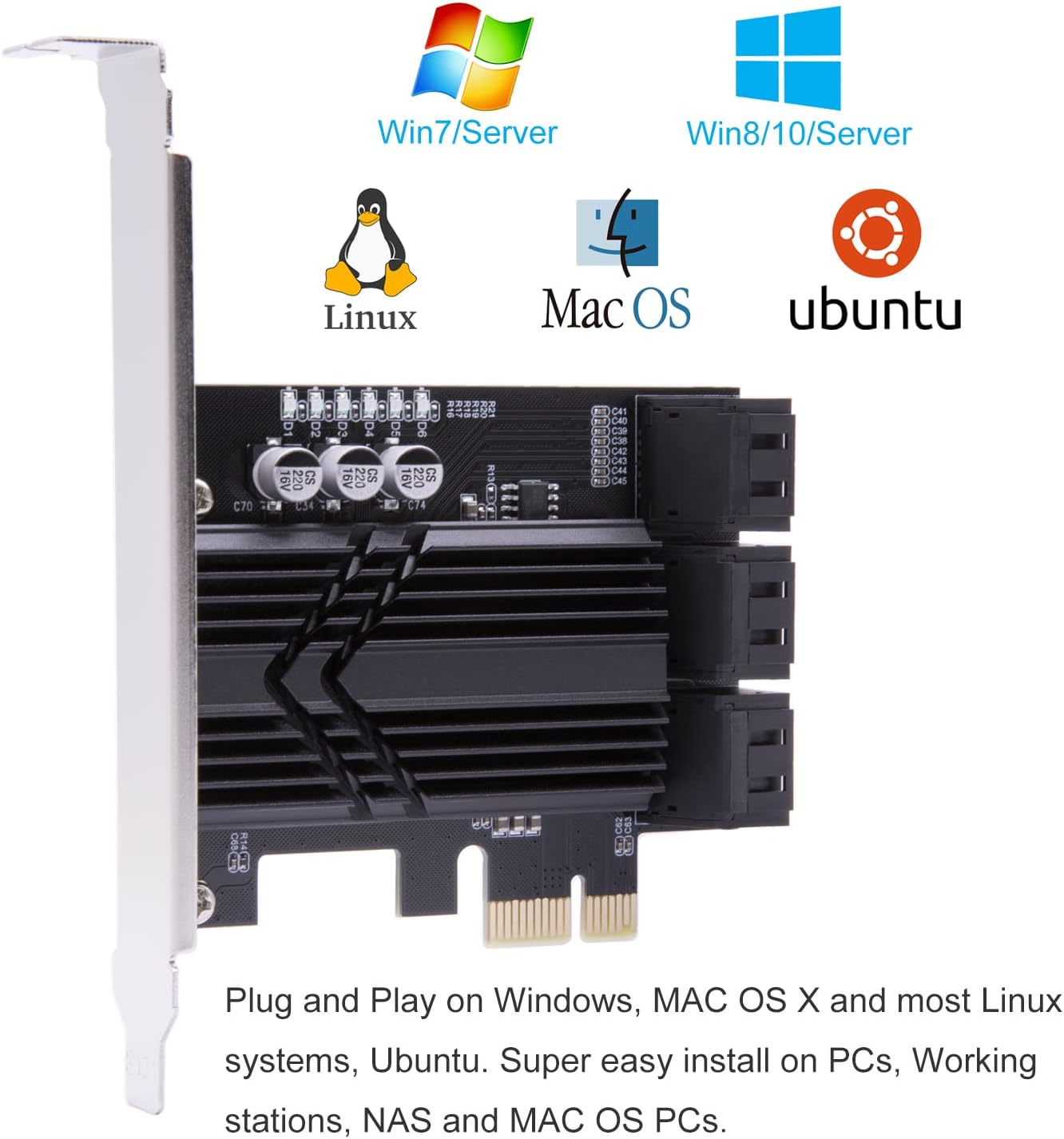 Mailiya SATA Card, 6 Ports PCIe SATA 3.0 6Gbps Expansion Controller Card with 6 SATA Cables and Heatsink, None Raid, Support 6 SATA 3.0 Devices