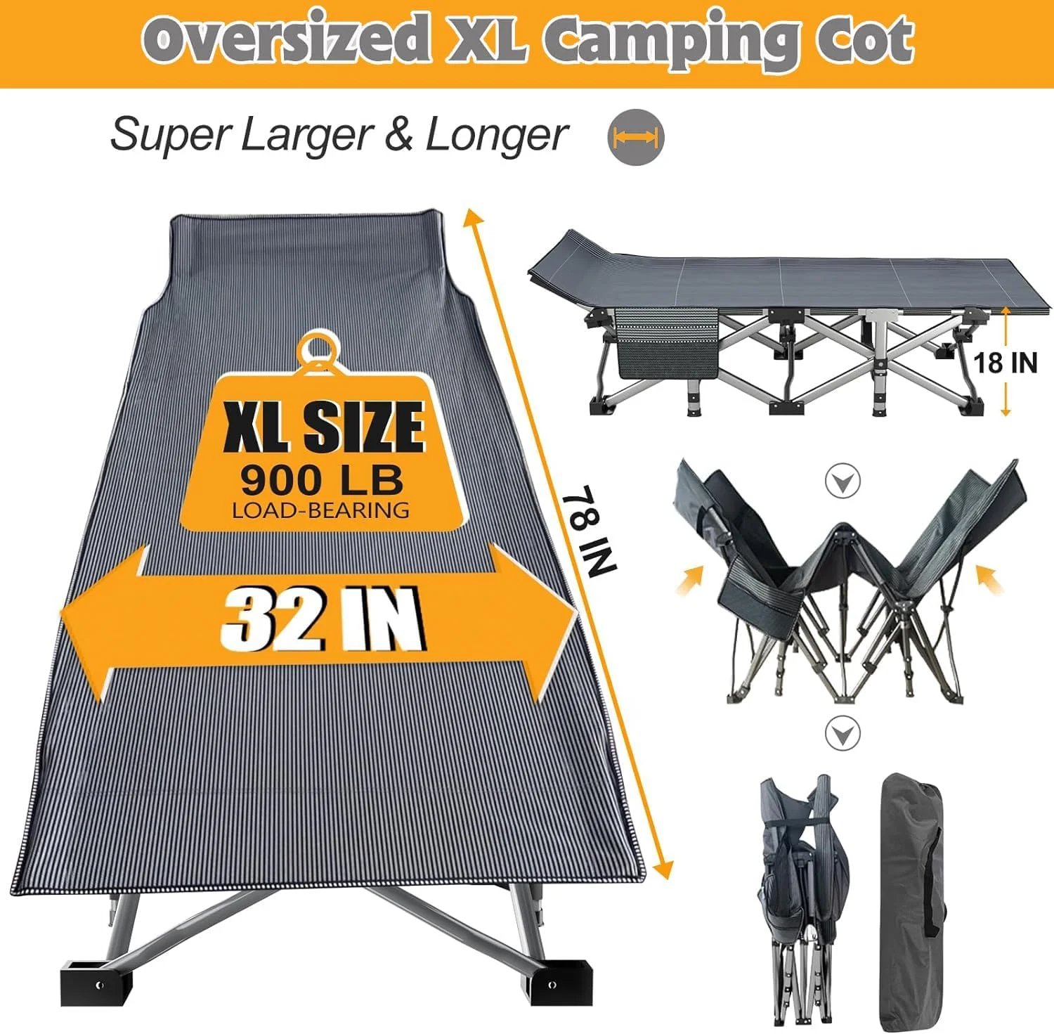 ABORON Oversized XL Folding Sleeping Cots for Adults, 900lb Loading Double-Layer 1200D, Heavy Duty Guest Bed W/Mattress & Carrying Bag