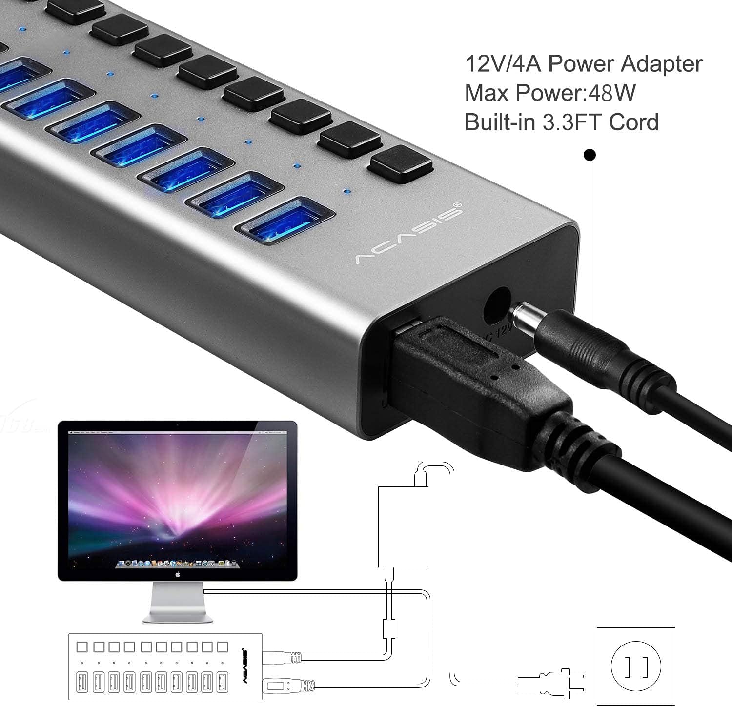 Powered USB Hub - ACASIS 10 Ports 48W USB 3.0 Data Hub - with Individual On/Off Switches and 12V/4A Power Adapter USB Hub 3.0 Splitter for Laptop, PC, Computer, Mobile HDD, Flash Drive and More