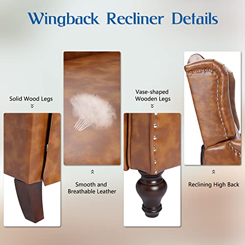 Wingback Recliner Chair with Massage and Heat, Tufted Fabric Pushback Recliner Chair, Wingback Chair with Remote Control, Padded Cushion, Wooden Legs, Small Recliners for Small Spaces