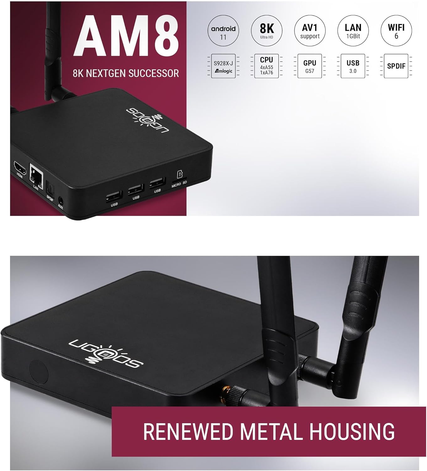 AM8 8K Ultra HD Android TV Box Android 11.0 Amlogic S928X-J LPDDR4 4GB RAM 32GB ROM WiFi6E 1000M LAN BT5.3 USB3.0 Support AV1 H.265 8Kx4K 60fps HDR Set Top TV Box