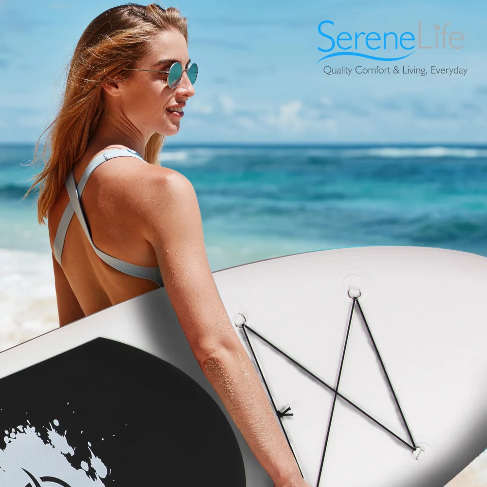 SereneLife 11 Foot Free Flow Inflatable SUP Stand Up Paddle Board Kit, White