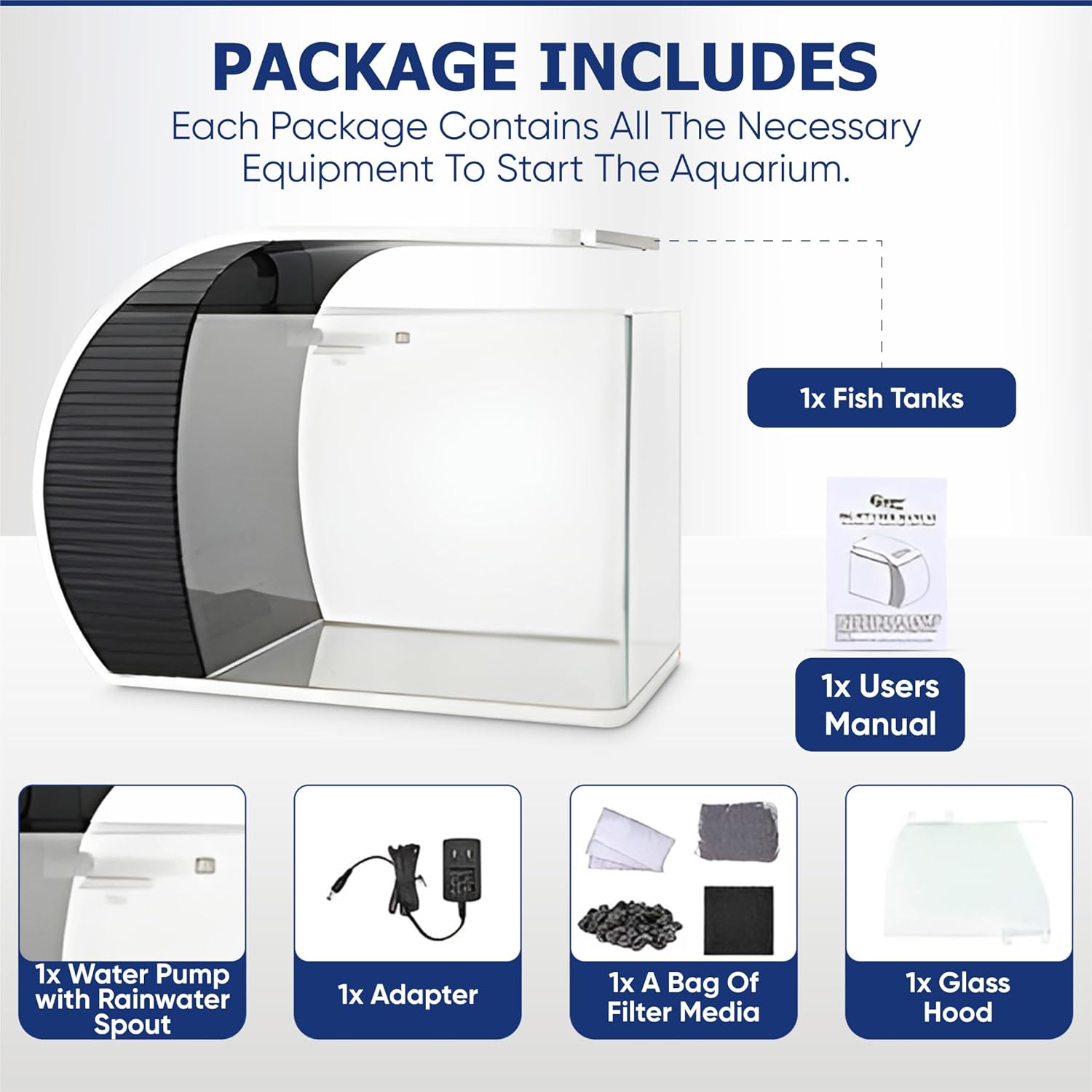 5 Gallon Fish Tanks - Arc-Shaped Glass Fish Tank w/LED Lights - Fish Tank Kit w/Adapter, Water Pump, Bag of Filter Media & More - Beautiful Aquarium Set for Office & Home - Easy Assembly Starter Kit